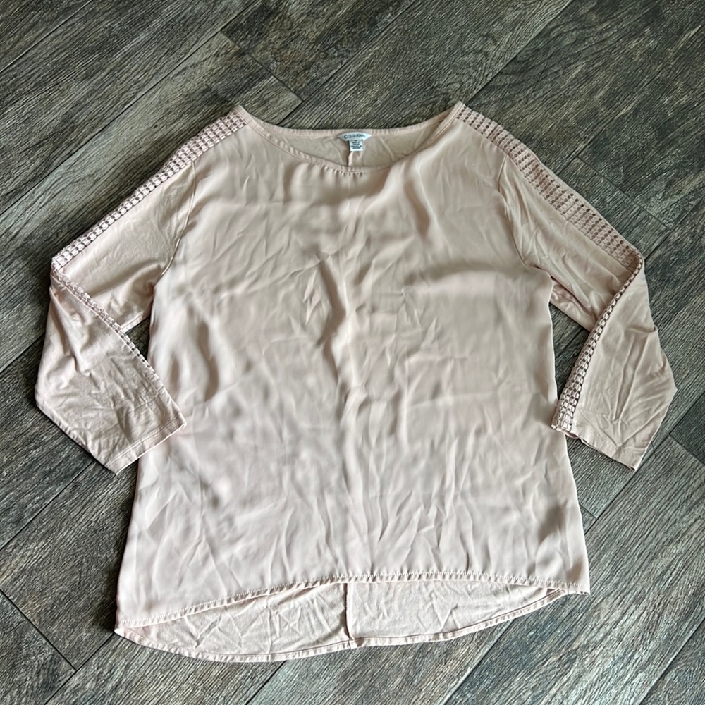 Calvin Klein Light Blush Crochet-Trim Long Sleeve Blouse